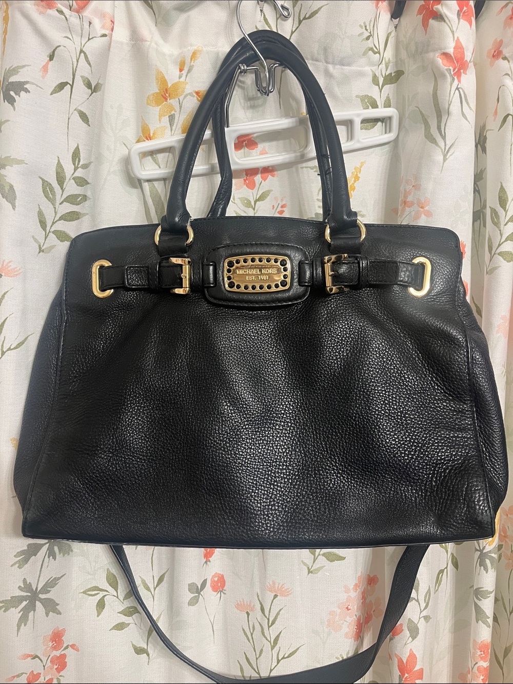 Michael Kors Black Pebbled Leather Tote with Gold Hardware Plaque